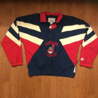Vtg Cleveland Indians Starter Pullover Jacket Chief Wahoo Logo Size Large