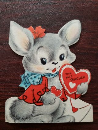 Vtg Hallmark Valentine Greeting Card Diecut Bunny Red Coat/bow Polkadot Teacher