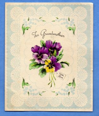 Vintage Norcross Valentine Card For Grandmother Purple Pansy Bouquet With Love