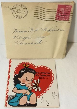 Vtg 1952 A - Meri - Card Valentines Day Card Sad Girl He Loves Me Not Postmarked Env
