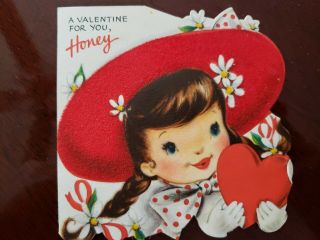 4 - 1/2 " Vtg Hallmark Valentine Greeting Card Diecut Girl Braids Red Hat Flock 50s
