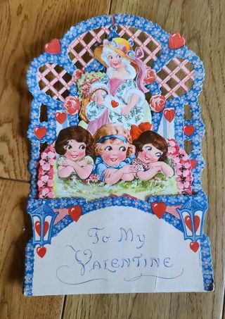 Vintage Valentine Card,  Pull Out,  Honeycomb,  Die - Cut,  Floral,  Girls 2