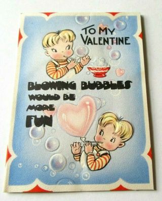 Vintage Valentine Little Boy Blowing Bubbles With Cute Girl Inside A Bubble