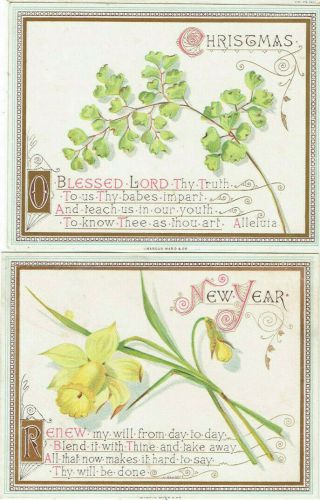 2 X Victorian Christmas & Year Greetings Cards Flowers Religious Text Mw