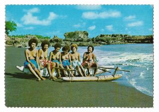 Postcard - Lovely Bare Breasted Polynesian Girls,  Outrigger Canoe,  Fiji