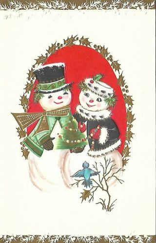 Vtg Christmas Greeting Card Approx 4 X 6 " Mr.  & Mrs.  Snowman