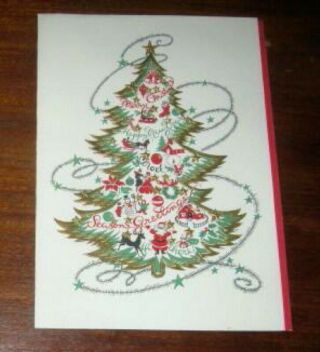 Vtg 1950s Christmas Card,  Tree W/ Mini Santa,  Snowman,  Reindeer,  Etc,