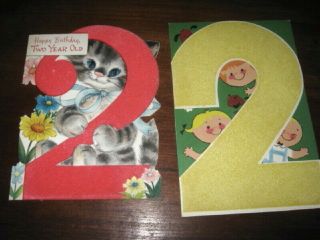 2 Vtg Mcm 2 Year Birthday Die Cut Cards,  Hallmark,  Rust Craft,  Kitten Flocked
