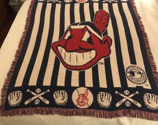 Vtg 90s The Rug Barn Cleveland Indians Chief Wahoo Throw Blanket Afghan 46 X 60