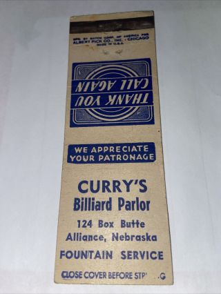 Matchbook Cover Curry’s Billiard Parlor Alliance Nebraska