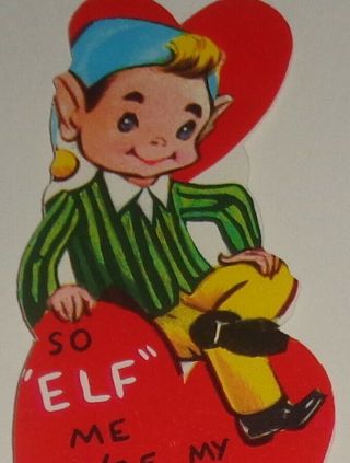 Vintage Valentine Card,  Fun Little Elf Sitting On A Heart,  4 "