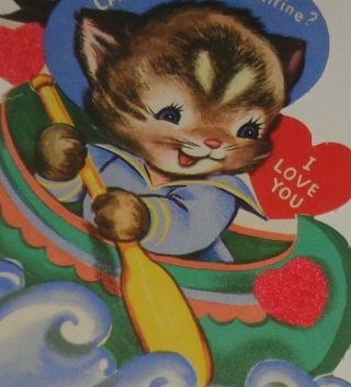 Vintage Valentine Card,  Sweet Cat Riding In A Canoe,  5 "