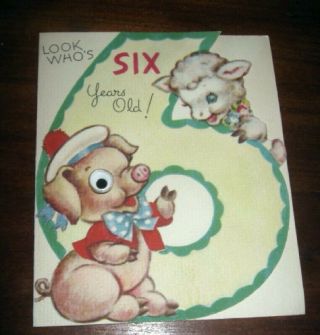 Vtg 1946 Rust Craft 6 Yr Die Cut Birthday Card,  Pig W/ Craft Eye,  Lamb,
