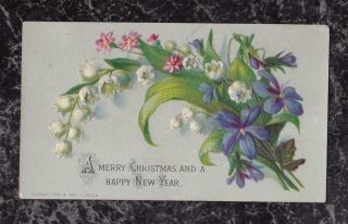 Victorian Christmas Card By Raphael Tuck & Sons London Embossed Flowers 3.  5x2 X