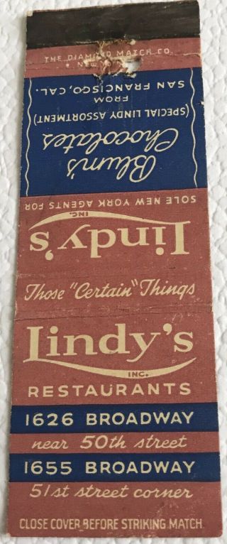 Matchbook Cover Lindy’s Restaurants Blum’s Chocolates San Francisco Ca