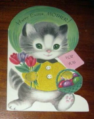 Vtg 1950s Rust Craft Die Cut Mother Easter Greeting Card,  Kitten,  Flocked