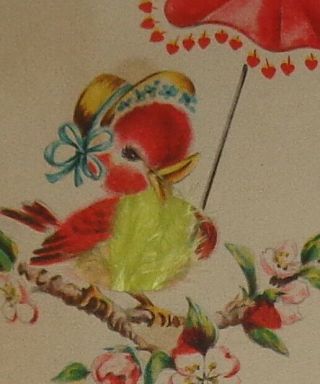 Vintage Valentine Card,  Sweet Red Bird Wearing A Hat,  Hallmark,  5 1/4 "