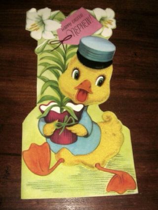 Vtg 1950s Rust Craft Nephew Easter Die Cut Card Flocked Duck
