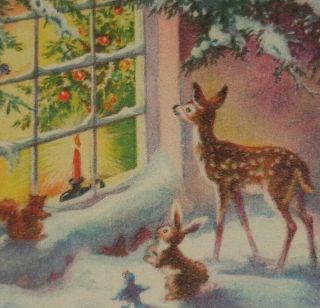 Vintage Christmas Card,  Precious Deer And Animals Looking In Window,  5 "