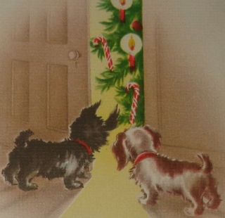 Vintage Christmas Card,  Cute Scottie Dogs Waiting For Santa,  5 "