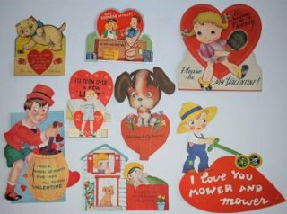 8 Mixed 1950s Valentines,  Mechanicals,  Fold Outs,  Animals,  Etc.