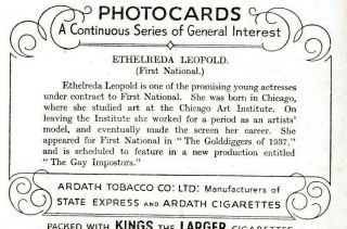 ETHELREDA LEOPOLD - ardath HOLLYWOOD starlet PIN - UP/CHEESECAKE 1938 cig card 2