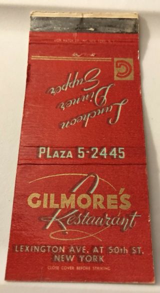 Old Matchbook Cover Gilmore’s Restaurant York