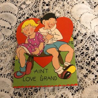 Vintage Greeting Card Valentine Cute Girl Boy On Stool Heart
