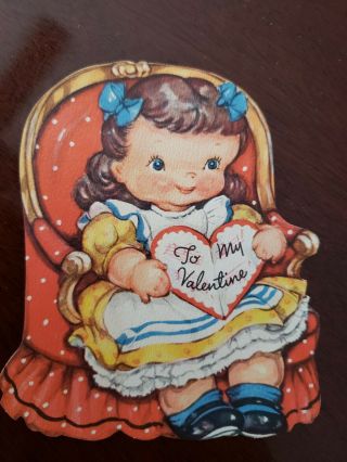 Vtg Gibson Valentine Greeting Card Diecut Sweet Girl Lady Chair Heart J.  Sax? 50s