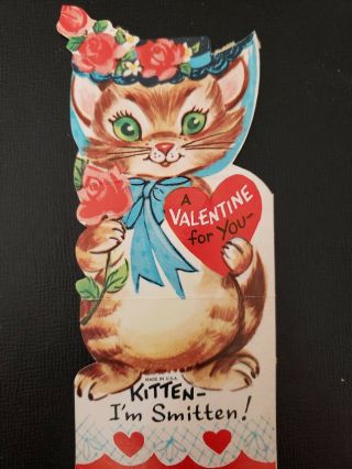 Vtg Valentine Greeting Card Diecut Cute Kitten Holding Rose Bonnet Hat W/roses