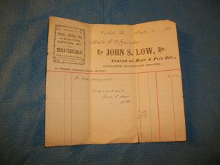 Carlisle,  Pa.  John S.  Low Oysters,  Potatoes,  Fish,  Vegetables 1885 Invoice