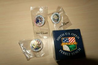 Us Open Golf Pebble Beach 1972,  1982,  1992 3 Pins And Golf Ball 100th Us Open