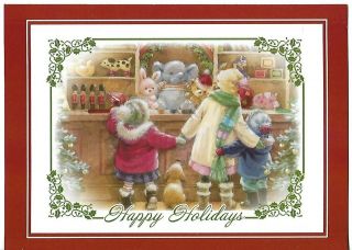 Christmas Greeting Card - Approx 5 X 7 " Kids And Puppy At The General Store