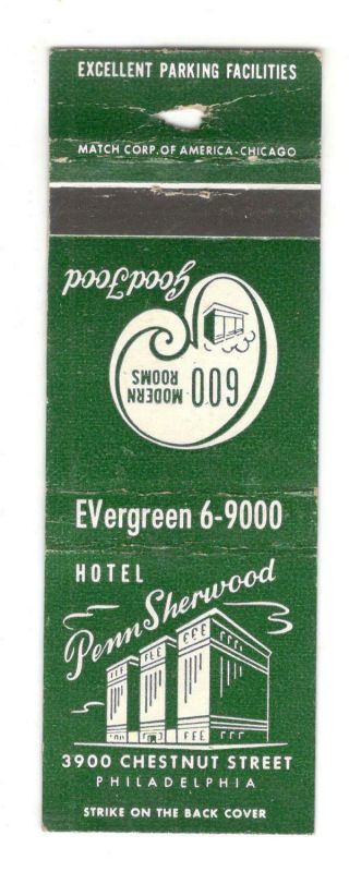 Hotel Penn Sherwood Philadelphia Pennsylvania Vintage Matchbook Cover St8