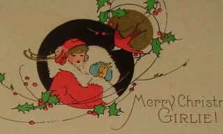 Vintage Christmas Card,  Art Deco Girl And Red Bird,  5 1/4 "