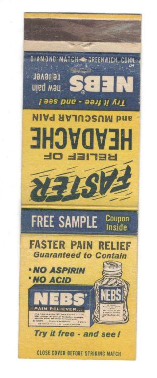 Nebs Pain Relief Vintage Matchbook Cover St1