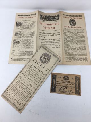 Colonial Williamsburg Vintage Ticket And Brochure Map 1950 