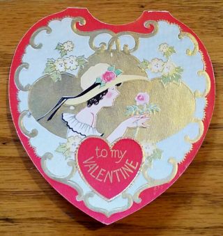 Small Art Deco Folded Die - Cut Valentine Card Of Pretty Lady Wearing Big Hat - Poem