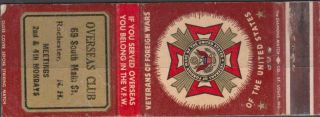 Vintage - Matchbook Cover - Vfw - Overseas Club - Rochester,  Nh - Diamond Match Co.