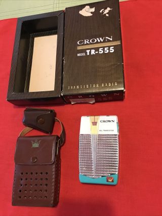 Stunning Rare Awesome Crown Tr - 555 Green/turquoise Transistor Radio W/case & Box