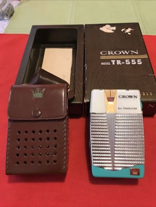 Stunning RARE awesome Crown TR - 555 green/turquoise transistor radio w/case & box 2