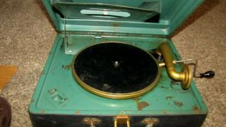 Antique Victrola Portable Phonograph Black Suitcase Fancy Gold Reproducer