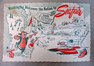 C.  1956 Seattle Seafair Placemat Pirates Clowns Hydroplane Boat Bob Hale Artwork