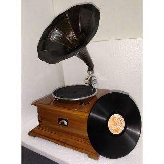 Fully Functional Vintage Gramophone Wooden Phonograph Record Player