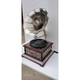 Wooden Phonograph Vintage Wooden Gramophone Music Box Brass And Wood