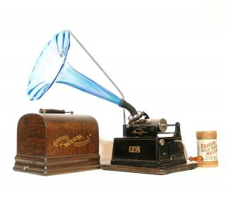 1908 Edison Gem Phonograph W/blue Crystal Glass Flower Horn