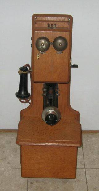 Vintage Oak S H Couch Company Wall Mount Crank Telephone W/ Ericsson Mouthpiece