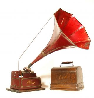 1910 Edison Red Gem Phonograph w/Orig.  Fireside Horn 2/4 Minute Outstanding 2