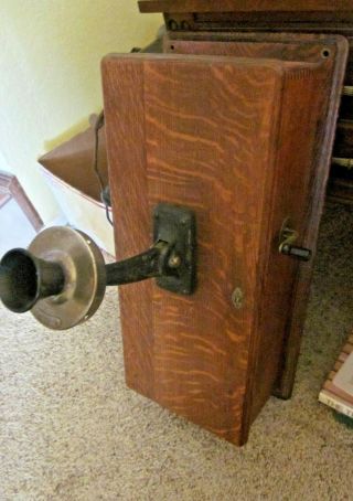Western Electric Unusual Oak Wood Wall Magneto Telephone.