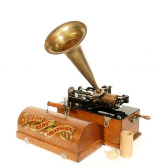 1898 Edison Home Phonograph W/brass Mandrel,  Badged Crank,  Orig.  Brass Horn,  Etc